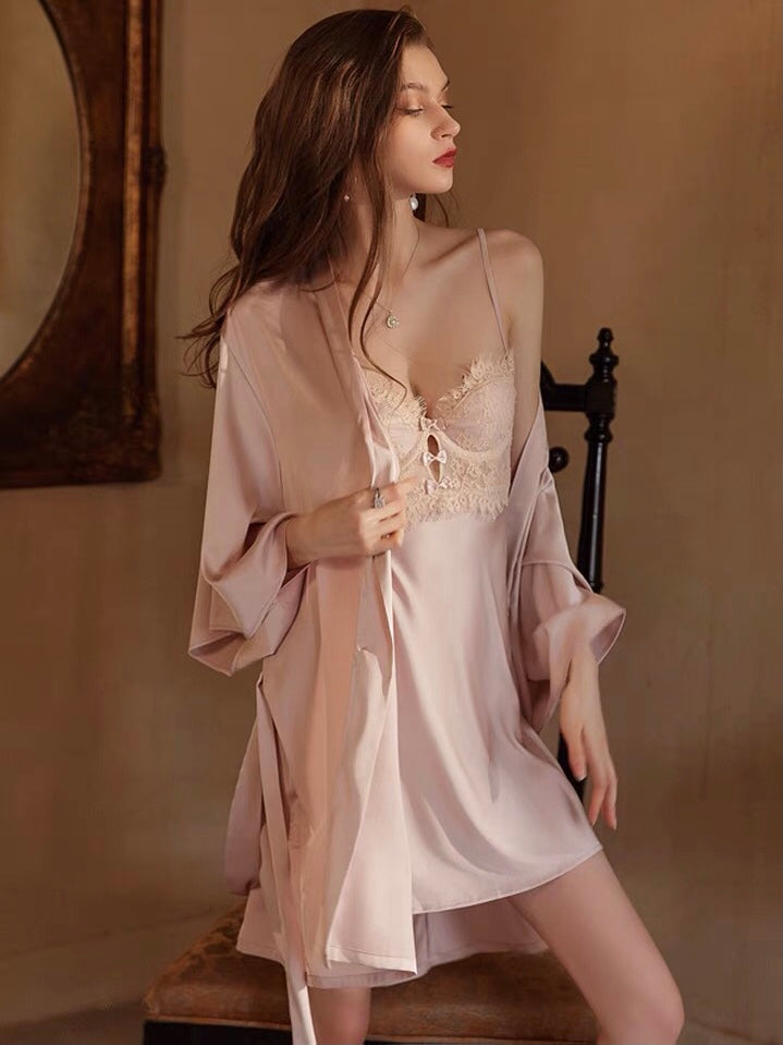 Peach Sheer Nightgown, See Through Lingerie, Knee Length Nightgown