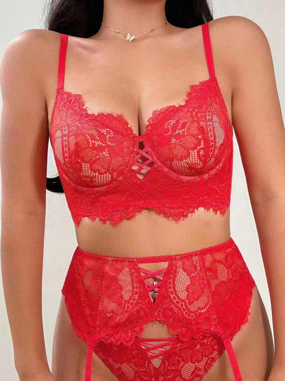 sexy floral lace longline bra with matching garter and panty lingerie set in red