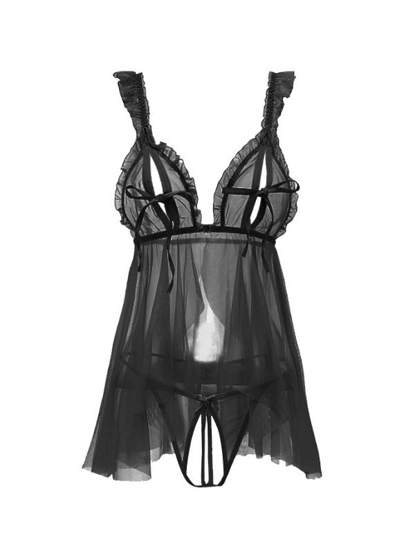 black colour babydoll with crotchless panty and peek-a-boo bra