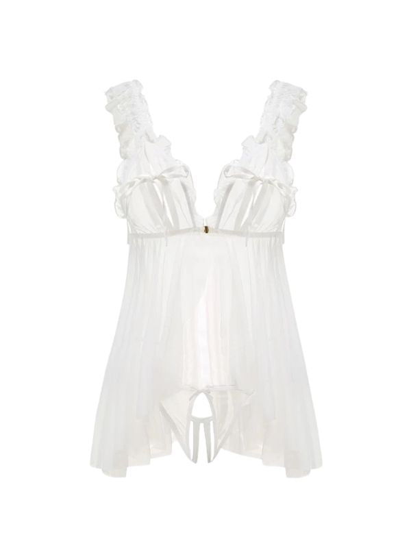 white colour babydoll with crotchless panty and peek-a-boo bra