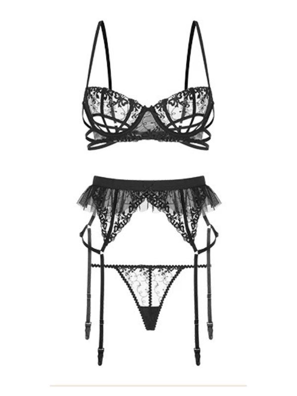 black lace mesh bra set with garter and panty