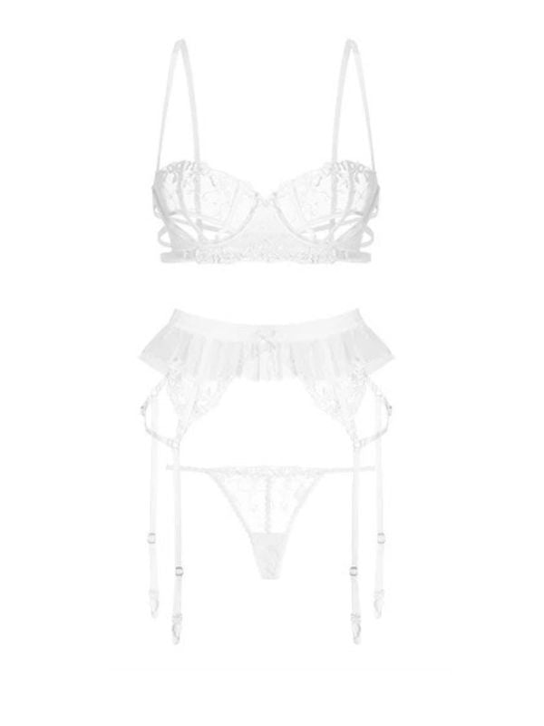 white lace mesh bra set with garter and panty