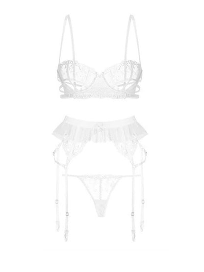 white lace mesh bra set with garter and panty