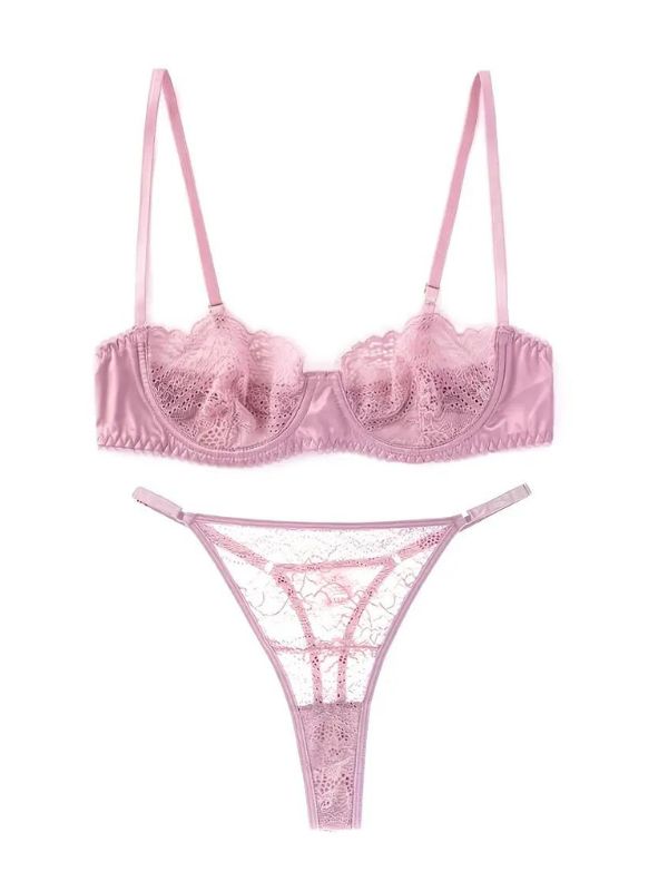 Sexy pink half cup lace bra and panty set