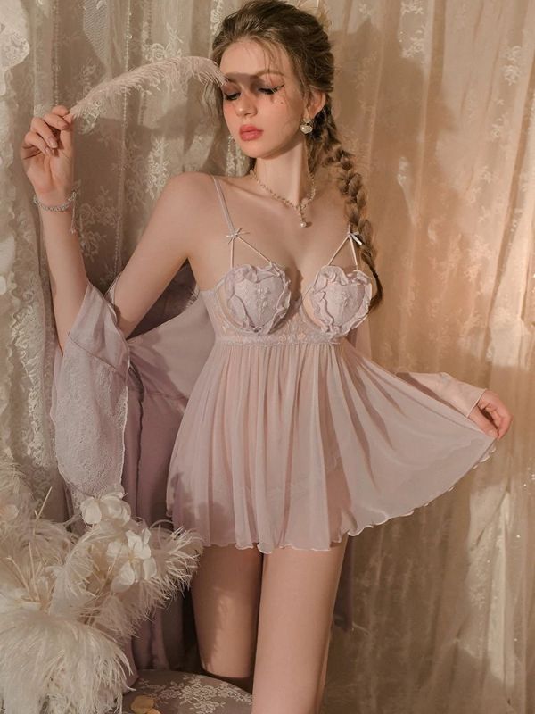 Open cup sexy sheer babydoll in lilac 