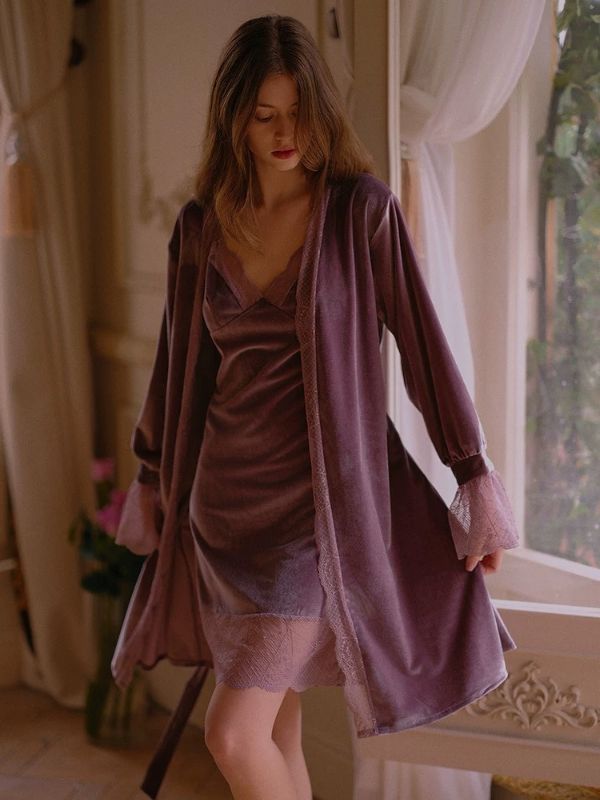 Soft Velvet fabric sleepdress with matching robe in purple color