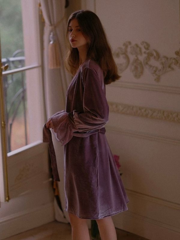 Soft Velvet fabric sleepdress with matching robe in purple color