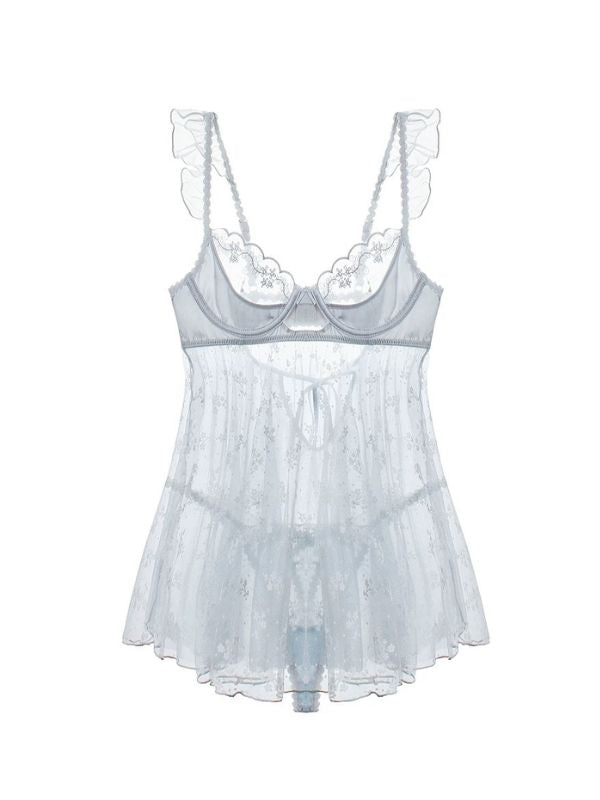 floral lace babydoll in light blue colour with semi coverage bra cup