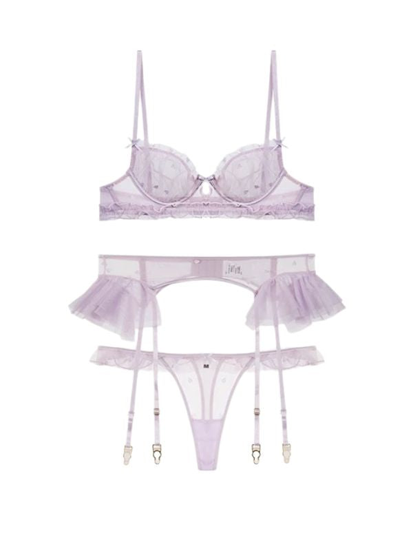 mesh ruffle bra, garter and panty set with matching stocking in lavender