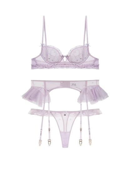 mesh ruffle bra, garter and panty set with matching stocking in lavender